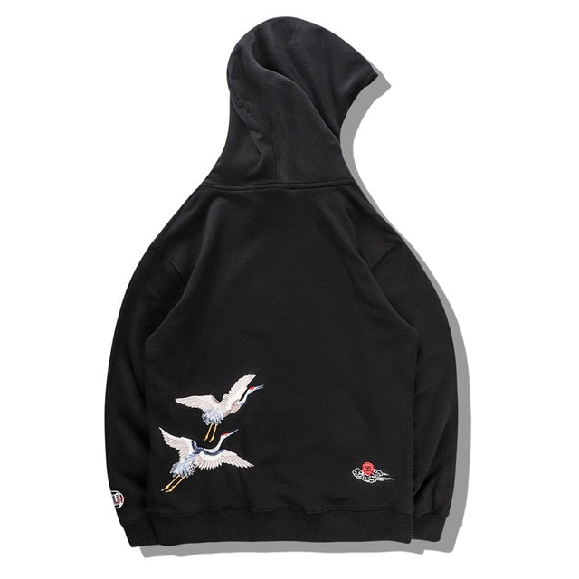 Japanese Crane Bird Embroidered Pullover