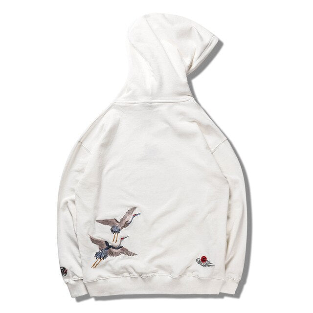 Japanese Crane Bird Embroidered Pullover