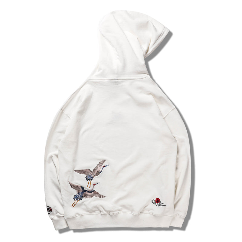 Japanese Crane Bird Embroidered Pullover