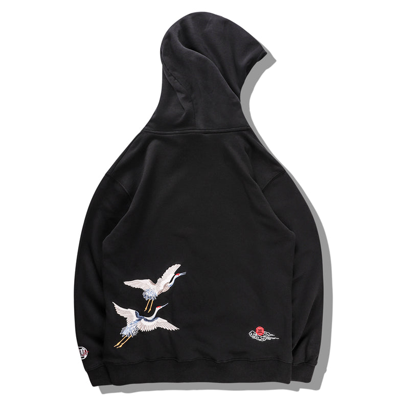 Japanese Crane Bird Embroidered Pullover